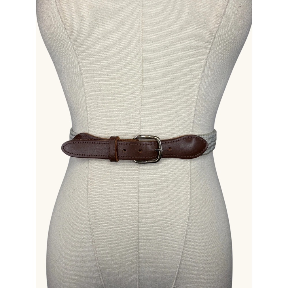 Vintage Woven Stretch Belt Brown Genuine Leather Tabs Silver Buckle Beige Cord L